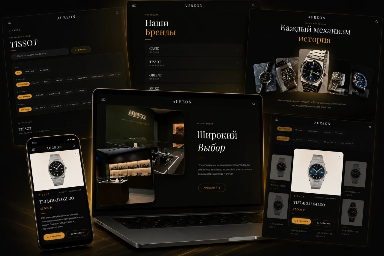 Сайт AUREON — витрина каталога часов на разных экранах